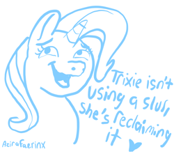 Size: 1338x1185 | Tagged: safe, artist:azira faerinx, imported from derpibooru, trixie, pony, unicorn, bust, edgy, edgy as fuck, horn, joke, meme, open mouth, open smile, portrait, shitposting, smiling, solo