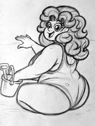 Size: 769x1024 | Tagged: safe, artist:pablosjuarez, imported from derpibooru, pinkie pie, human, ass, balloonbutt, bbw, breasts, bucket, busty pinkie pie, butt, clothes, comic interpretation, fat, female, grayscale, humanized, looking at you, looking back, looking back at you, monochrome, one-piece swimsuit, open mouth, open smile, pudgy pie, sideboob, sitting, smiling, smiling at you, solo, swimsuit, traditional art