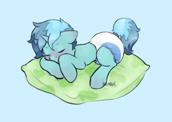 Size: 3507x2480 | Tagged: safe, artist:kirari_chan, imported from derpibooru, oc, oc only, oc:minty breeze, pony, unicorn, abdl, adult foal, diaper, horn, male, non-baby in diaper, simple background, solo, stallion