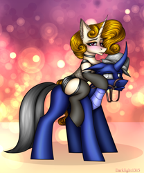 Size: 2360x2830 | Tagged: safe, artist:darklight1315, imported from derpibooru, oc, oc only, oc:alexia, oc:carnax, changedling, changeling, pony, unicorn, birthday gift, blushing, changeling oc, choker, clothes, couple, female, fishnet clothing, hat, horn, horny, leather, leather skirt, makeup, male, mare, reins, riding, skirt, socks, stallion, stockings, thigh highs