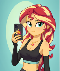 Size: 2816x3320 | Tagged: safe, imported from derpibooru, sunset shimmer, human, equestria girls, abstract background, ai content, ai generated, cellphone, clothes, detached sleeves, generator:pony diffusion v6 xl, generator:stable diffusion, phone, prompter:thismaybeyou, selfie, smartphone, smiling, solo, sports bra