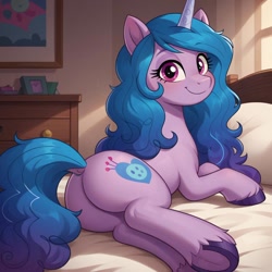 Size: 1024x1024 | Tagged: safe, imported from derpibooru, izzy moonbow, pony, unicorn, ai content, ai generated, backlighting, bed, bedroom, bedroom eyes, blushing, butt, butt focus, curtains, cute, female, g5, generator:pony diffusion v6 xl, generator:stable diffusion, horn, indoors, izzy moonbutt, izzybetes, looking at you, looking back, looking back at you, lying down, mare, on bed, plot, prompter:harvydraws, prone, show accurate, smiling, smiling at you, solo, window