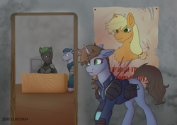 Size: 3508x2480 | Tagged: safe, artist:jjsh, imported from derpibooru, applejack, oc, oc:littlepip, earth pony, pony, unicorn, fallout equestria, blood, clothes, female, high res, horn, male, mare, pipbuck, poster, stallion, tail, talking