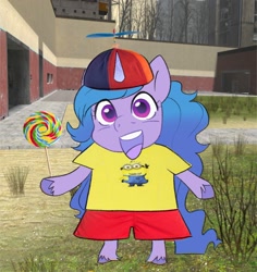 Size: 1286x1364 | Tagged: safe, artist:aztrial, imported from derpibooru, izzy moonbow, pony, unicorn, bipedal, candy, female, food, g5, hat, horn, lollipop, looking at you, mare, propeller hat, smiling, smiling at you, solo