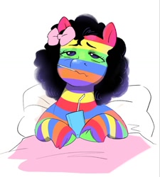 Size: 1198x1330 | Tagged: safe, artist:aztrial, imported from derpibooru, oc, oc only, earth pony, pony, bed, bow, frown, hair bow, in bed, juice, juice box, lidded eyes, rainbow stripes, simple background, solo, unshorn fetlocks, white background