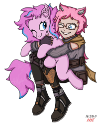 Size: 810x996 | Tagged: safe, artist:nismorose, imported from derpibooru, oc, oc only, oc:materlia harvest, earth pony, human, cat ears, cheek fluff, clothes, ear fluff, female, freckles, glasses, gloves, highlights, hug, hug from behind, hugging a pony, knee pads, mare, pink body, pink hair, pink mane, scarf, signature, simple background, sweater, transparent background