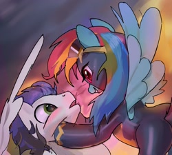 Size: 978x882 | Tagged: safe, artist:vondsketch, imported from derpibooru, rainbow dash, soarin', blushing, clothes, embrace, female, flying, goggles, imminent kissing, male, shipping, soarindash, straight, uniform, wonderbolts, wonderbolts uniform