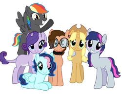 Size: 837x658 | Tagged: safe, artist:wolfieslilponies, imported from derpibooru, oc, oc only, dracony, dragon, earth pony, hybrid, pegasus, pony, unicorn, applejack's hat, base used, choker, cowboy hat, freckles, glasses, grin, hat, horn, horns, interspecies offspring, looking at you, multicolored hair, next generation, offspring, parent:applejack, parent:cheese sandwich, parent:fluttershy, parent:pinkie pie, parent:rainbow dash, parent:rarity, parent:soarin', parent:spike, parent:thunderlane, parent:twilight sparkle, parent:unknown, parents:cheesepie, parents:soarinshy, parents:sparity, parents:thunderdash, pigtails, rainbow hair, simple background, smiling, smiling at you, transparent background