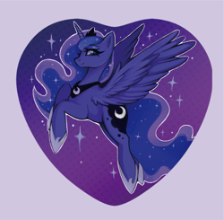 Size: 1749x1714 | Tagged: safe, artist:faelitha, imported from derpibooru, princess luna, alicorn, pony, cute, digital art, drawing, female, flying, heart, heart background, horn, looking at you, mare, moon, my little pony, procreate app, smiling, smiling at you, solo, stars, wings