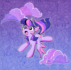 Size: 1418x1387 | Tagged: safe, artist:syrupyyy, imported from derpibooru, twilight sparkle, alicorn, pony, blushing, cloud, cute, female, flying, mare, open mouth, solo, twiabetes, twilight sparkle (alicorn)