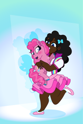 Size: 1412x2100 | Tagged: safe, artist:prixy05, imported from derpibooru, earth pony, human, pony, clothes, dark skin, duo, duo female, female, gradient background, hug, human ponidox, humanized, self paradox, self ponidox