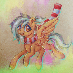 Size: 1600x1600 | Tagged: safe, artist:just_yuki, imported from derpibooru, oc, oc only, oc:warming hearth, pegasus, pony, clothes, ear piercing, earring, flying, jewelry, open mouth, pegasus oc, pencil drawing, piercing, scarf, traditional art, wings