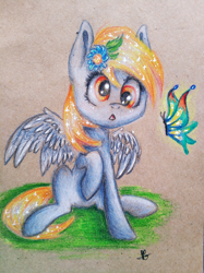 Size: 1196x1600 | Tagged: safe, artist:just_yuki, imported from derpibooru, derpy hooves, butterfly, pegasus, pony, flower, flower in hair, open mouth, pencil drawing, sitting, traditional art