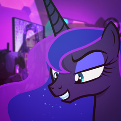 Size: 2048x2048 | Tagged: safe, artist:trrrebleee, edit, imported from derpibooru, princess luna, alicorn, pony, gamer luna, anime, controller, female, figurine, gaming, gaming miniature, headset, mare, miniature, monitor, real life background, room, solo