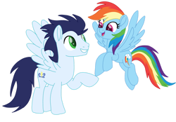 Size: 1280x890 | Tagged: safe, artist:soarindasher10, imported from derpibooru, rainbow dash, soarin', pegasus, pony, female, flying, looking at each other, looking at someone, male, mare, shipping, simple background, smiling, smiling at each other, soarindash, stallion, straight, transparent background