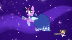 Size: 854x480 | Tagged: safe, imported from derpibooru, twilight sparkle, unicorn, the best night ever, clothes, dress, female, gala dress, hub logo, logo, my little pony, solo, the hub, unicorn twilight