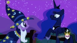 Size: 854x480 | Tagged: safe, imported from derpibooru, princess luna, twilight sparkle, unicorn, luna eclipsed, clothes, costume, hub logo, logo, my little pony, night, nightmare night, star swirl the bearded costume, the hub, unicorn twilight