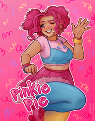 Size: 1280x1625 | Tagged: safe, artist:fulfisilly, imported from derpibooru, pinkie pie, human, alternate hairstyle, bracelet, breasts, clothes, cute, deviantart watermark, diapinkes, ear piercing, earring, female, grin, humanized, jewelry, leggings, midriff, nail polish, obtrusive watermark, one eye closed, piercing, roller skates, shirt, skates, skirt, smiling, solo, watermark, wink, wristband