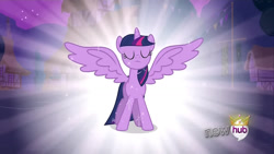 Size: 1280x720 | Tagged: safe, imported from derpibooru, twilight sparkle, alicorn, magical mystery cure, eyes closed, female, hub logo, logo, my little pony, solo, the hub, twilight sparkle (alicorn)