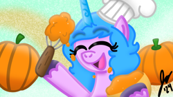 Size: 800x450 | Tagged: safe, artist:jesslmc16, imported from derpibooru, izzy moonbow, pony, unicorn, baking, bowl, chef's hat, cooking, eyes closed, female, g5, hat, holding, horn, mare, pumpkin, raised hoof, simple background, smiling, solo