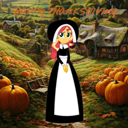 Size: 4024x4024 | Tagged: safe, artist:cartoonmasterv3, imported from derpibooru, sunset shimmer, human, equestria girls, clothes, dress, gown, holiday, humanized, long dress, long skirt, pilgrim outfit, skirt, solo, thanksgiving, thanksgiving 2024