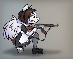 Size: 1583x1281 | Tagged: safe, artist:erichkaofficial, imported from derpibooru, oc, oc only, anthro, pegasus, ak-47, assault rifle, clothes, gun, maid, rifle, solo, weapon