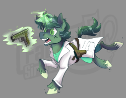 Size: 1873x1463 | Tagged: safe, artist:hallowraith, imported from derpibooru, oc, oc only, oc:stitches (sireland), unicorn, fallout equestria, fallout equestria oc, fallout equestria: sireland, freckles, green fur, green mane, gun, handgun, holster, horn, medic, pistol, solo, unicorn oc, weapon