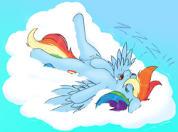 Size: 2520x1869 | Tagged: safe, artist:eels, imported from derpibooru, rainbow dash, pegasus, pony, belly, cloud, drool, drool on face, drool string, female, hoof on belly, mare, on a cloud, open mouth, scratching, sleeping, sleeping on a cloud, solo