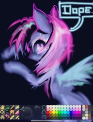 Size: 1640x2135 | Tagged: safe, artist:ieatedyuripizza, imported from derpibooru, oc, oc only, pegasus, pony, art program in frame, pegasus oc, pink mane, purple coat, solo, wings