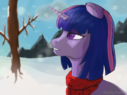 Size: 2400x1800 | Tagged: safe, artist:waspking, imported from derpibooru, twilight sparkle, pony, unicorn, bobcut, clothes, cloud, horn, mountain, mountain range, scarf, scenery, short hair, smiling, smirk, snow, solo, tree