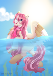 Size: 2480x3508 | Tagged: safe, alternate version, artist:jjsh, imported from derpibooru, oc, oc only, pegasus, pony, beautiful, blurry background, cloud, cute, cute face, ear piercing, female, fluffy mane, happy, high res, lineless, looking at you, mare, ocean, open mouth, outdoors, partially submerged, piercing, seaweed, sky, smiling, smiling at you, solo, spread wings, summer, sun, swimming, tail, teeth, underwater, water, wing fluff, wings