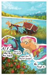 Size: 2000x3100 | Tagged: safe, artist:seventozen, imported from derpibooru, applejack, rainbow dash, pony, comic:the problem of parthus, apple, cart, comic, food