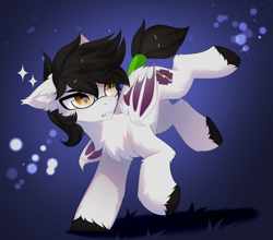 Size: 4815x4236 | Tagged: safe, alternate version, artist:empress-twilight, imported from derpibooru, oc, oc only, oc:jolting madness, bat pony, pony, bat pony oc, bat wings, black hooves, black mane, black tail, bucking, butt fluff, cheek fluff, chest fluff, claws, colored hooves, colored wings, commission, ear fluff, ear tufts, eye clipping through hair, eyebrows, eyebrows visible through hair, fangs, frown, glasses, gradient background, gradient wings, hock fluff, hooves, leg fluff, looking back, male, male oc, shiny mane, shiny tail, slit pupils, sparkles, stallion, stallion oc, standing, standing on one leg, tail, tail wrap, tied tail, turned head, two toned wings, unshorn fetlocks, white coat, wing claws, wings, ych result, yellow eyes