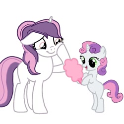 Size: 1000x1000 | Tagged: safe, artist:weker, imported from derpibooru, sweetie belle, oc, oc:sweetieck dreams, pony, unicorn, butt, colored hooves, cotton candy, cute, dreamsbelle, eyelashes, female, filly, flower, foal, hooves, horn, mare, needs more jpeg, not sweetie belle, orange eyes, plot, simple background, smiling, tail, two toned mane, two toned tail, unicorn horn, white background