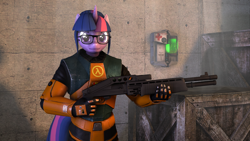 Size: 1280x720 | Tagged: safe, artist:warhammer50k, imported from derpibooru, twilight sparkle, anthro, unicorn, 3d, angry face, black mesa, crates, crossover, dust, female, females only, glasses, gordon freeman, gun, half-life, hev suit, horn, looking at you, medkit, parody, poster, shotgun, solo, source filmmaker, spas-12, unamused, unicorn twilight, weapon