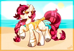 Size: 2000x1396 | Tagged: safe, artist:ezzerie, imported from derpibooru, oc, oc only, oc:deja vu, pony, zebra, beach, clothes, gold, jewelry, ocean, smiling, smirk, solo, swimsuit, water, zebra oc