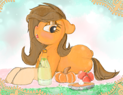 Size: 3300x2550 | Tagged: safe, artist:gean, imported from derpibooru, oc, oc:gean, earth pony, pony, alcohol, apple, bedroom eyes, champagne, cherry, food, foodplay, holiday, outdoors, pencil drawing, pie, pumpkin, simple background, solo, thanksgiving, traditional art, wine