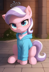 Size: 832x1216 | Tagged: safe, imported from derpibooru, diamond tiara, earth pony, pony, ai content, ai generated, angry, anonymous prompter, brick wall, chest fluff, choker, clothes, cute, ear fluff, female, filly, foal, hoodie, jewelry, looking at you, sitting, solo, tiara