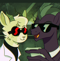 Size: 1912x1920 | Tagged: safe, artist:uspen, imported from derpibooru, oc, oc only, goat, pegasus, pony, fallout equestria, bush, clothes, complex background, cracks, duo, female, glasses, goat oc, horns, male, mare, necktie, open mouth, paper, robe, scar, scene interpretation, smiling, stallion, sunset, tree, window