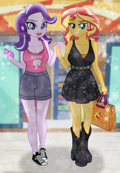 Size: 8000x11556 | Tagged: safe, artist:charliexe, artist:emeraldblast63, imported from derpibooru, sunset shimmer, equestria girls, barbie, clothes, duo, duo female, female, kelly sheridan, phone, shoes, voice actor joke