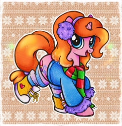 Size: 2560x2632 | Tagged: safe, artist:dariarchangel, imported from derpibooru, oc, oc only, oc:dazha, pony, unicorn, :d, adorable face, blue eyes, boots, clothes, cute, cute face, cute smile, earmuffs, female, female oc, fur, heart, hoof shoes, horn, jacket, long scarf, long socks, ocbetes, open mouth, open smile, orange hair, orange mane, orange tail, passepartout, patterned background, pink coat, pony oc, raised hoof, scarf, shoes, small horn, smiling, snow, snowflake, socks, solo, standing on two hooves, striped scarf, striped socks, tail, tied tail, traditional art, unicorn oc, winter clothes, winter coat, winter outfit