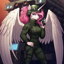 Size: 1024x1024 | Tagged: safe, imported from derpibooru, princess celestia, alicorn, anthro, series:g.i. pony: a real equestrian hero, ai content, ai generated, clothes, cosplay, costume, female, g.i. joe, general hawk, generator:google imagen 3.0, hand on hip, helmet, military uniform, pink-mane celestia, prompter:zerowinger, smiling, smirk, solo, spread wings, uniform, walkie talkie, wings