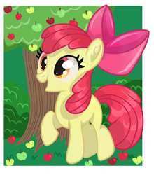 Size: 3136x3568 | Tagged: safe, artist:annuthecatgirl, imported from derpibooru, apple bloom, earth pony, pony, apple, apple tree, bow, female, filly, foal, food, hair bow, passepartout, raised hoof, simple background, solo, tree