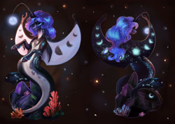 Size: 3579x2551 | Tagged: safe, artist:polnocnykot, imported from derpibooru, princess luna, alicorn, fish, hybrid, merpony, pony, seapony (g4), angler seapony, bioluminescent, blue eyes, blue mane, blue tail, bubble, commission, concept, constellation, coral, crepuscular rays, crown, cute, dorsal fin, ethereal mane, eyelashes, female, fin, fin wings, fins, fish tail, flowing mane, glowing, horn, jewelry, lidded eyes, looking at you, mare, ocean, peytral, regalia, rock, scales, seaponified, seapony luna, seaweed, signature, smiling, smiling at you, solo, species swap, spread wings, stars, stingray, tail, traditional art, underwater, unshorn fetlocks, water, wings