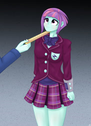 Size: 1280x1761 | Tagged: safe, artist:lennondash, imported from derpibooru, principal abacus cinch, sunny flare, equestria girls, abstract background, bowtie, clothes, crystal prep academy uniform, female, legs together, miniskirt, offscreen character, ruler, school uniform, skirt, solo focus