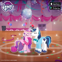 Size: 1080x1080 | Tagged: safe, idw, imported from derpibooru, princess cadance, shining armor, alicorn, unicorn, neigh anything, alternate hairstyle, bowtie, bracelet, clothes, disco ball, dress, eyes closed, female, gameloft, heart, high school, horn, idw showified, jewelry, male, necklace, shiningcadance, shipping, shoes, straight