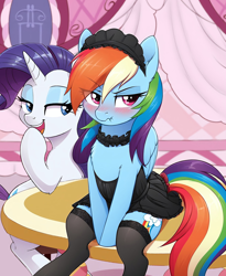 Size: 2944x3586 | Tagged: safe, derpibooru exclusive, imported from derpibooru, rainbow dash, rarity, pegasus, pony, unicorn, adorasexy, ai content, ai generated, and then there's rarity, bedroom eyes, blushing, bow, carousel boutique, clothes, collar, cute, dashabetes, dress, dressing, dressup, duo, duo female, embarrassed, enjoying, female, frilly dress, frilly socks, frown, funny, giggling, grumpy, headdress, high res, horn, humiliation, interactive, legwear, lingerie, link in description, looking at someone, looking away, lost bet, maid, maid headdress, mare, nightgown, playful, prompter:local sugar provider, rainbow dash always dresses in style, rainbow dash is not amused, rarity being rarity, scrunchy face, sexy, sitting, skirt, smiling, smiling at someone, socks, stool, story in the source, table, tail, tail bow, teasing, thigh highs, tsunderainbow, tsundere, unamused, varying degrees of amusement, wings