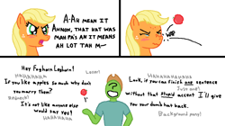 Size: 2940x1644 | Tagged: safe, anonymous artist, imported from derpibooru, applejack, oc, oc:anon, angry, bully, bullying, rude, unamused