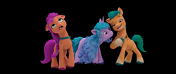 Size: 2215x928 | Tagged: safe, imported from derpibooru, hitch trailblazer, izzy moonbow, sunny starscout, earth pony, pony, unicorn, black background, female, g5, horn, male, mare, my little pony: a new generation, official, simple background, stallion, trio