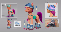 Size: 3913x2063 | Tagged: safe, imported from derpibooru, sunny starscout, earth pony, pony, concept art, eyes closed, female, g5, helmet, mare, my little pony: a new generation, official, roller skates, rollerblades, skates, solo, sunny's bag